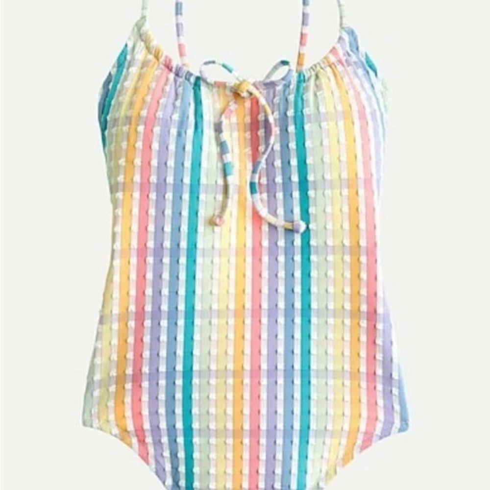 J Crew Bow Front One Piece Swimsuit in Rainbow Seersucker